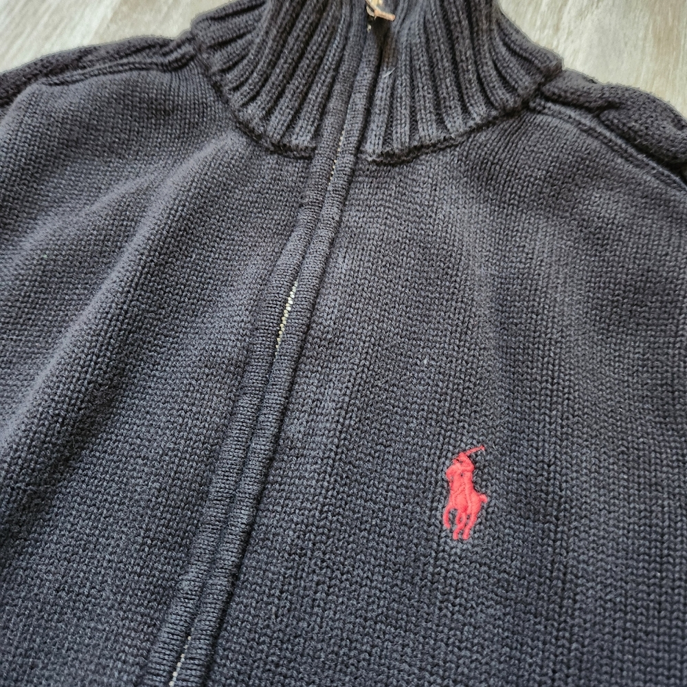 VTG Ralph Lauren Full Zip Sweater Black High Neck Knit Heavyweight Youth Sz L - Picture 2 of 10